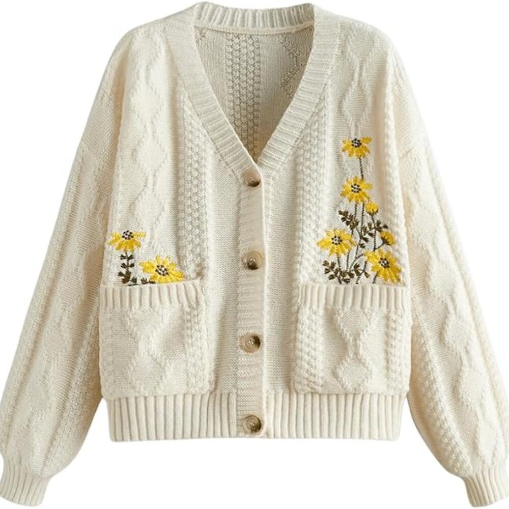 Women's Chunky Boho Button Up Cute Cardigan Embroideried Fall Trendy 2025 Sweate